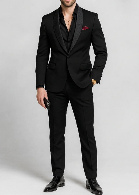 Slim Fit Black Emblished Shawl Lapel Tuxedo