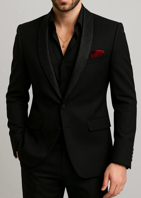 Slim Fit Black Emblished Shawl Lapel Tuxedo