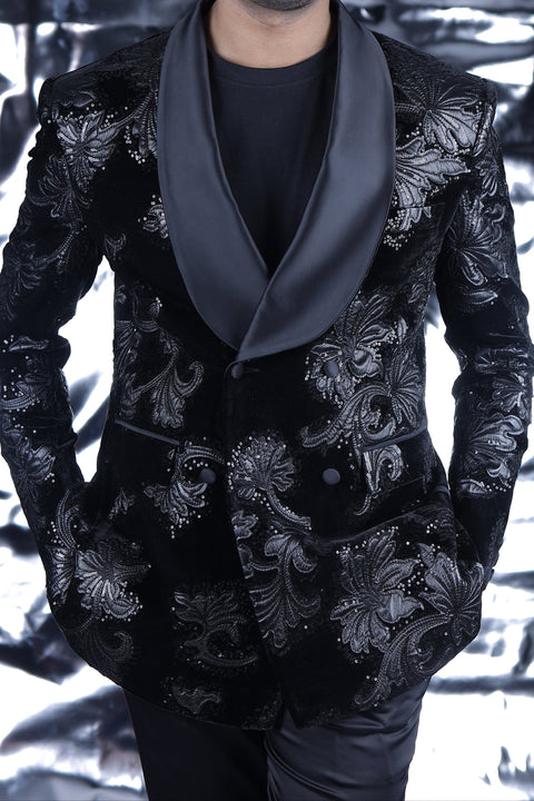 Limited Edition Black Leather Embossed Floral Tuxedo Jacket