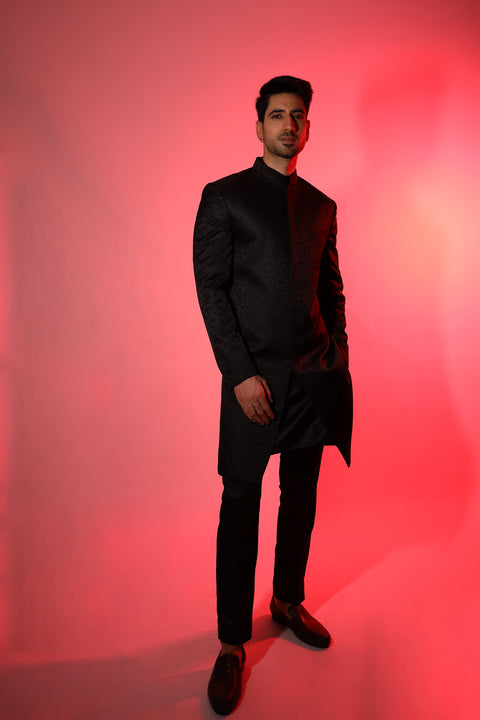 Black Floral Print Sherwani