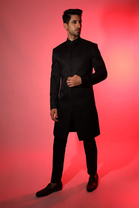 Black Floral Print Sherwani