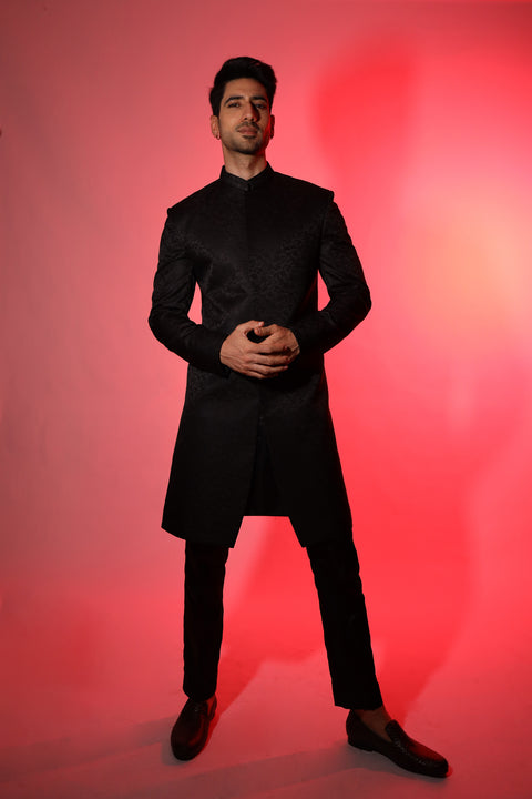 Black Floral Print Sherwani