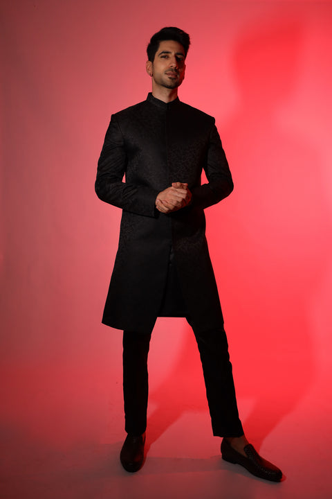 Black Floral Print Sherwani