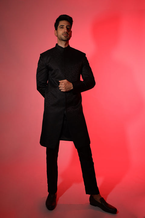 Black Floral Print Sherwani