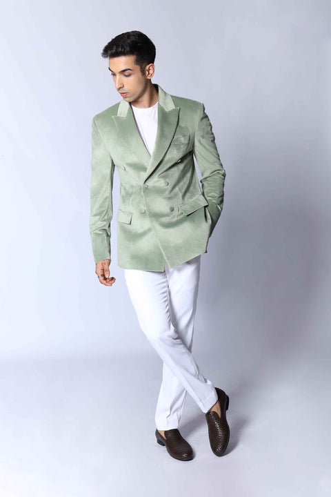 Pastel Green Double Breasted Velvet Blazer
