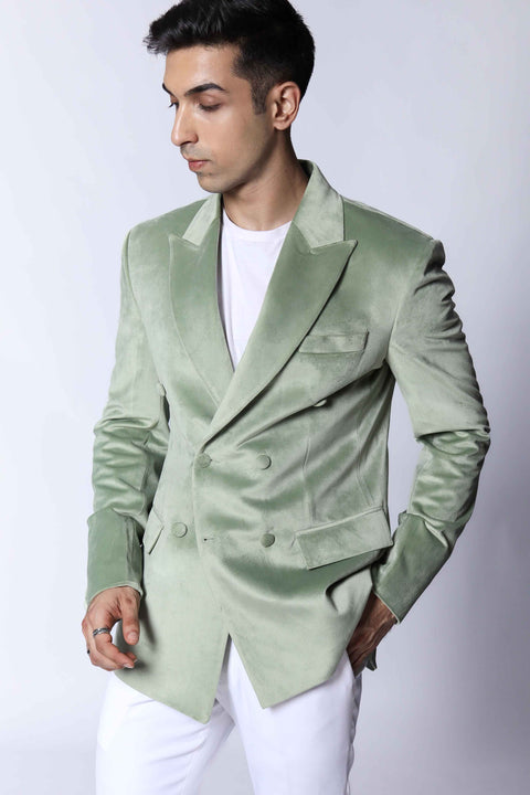Pastel Green Double Breasted Velvet Blazer