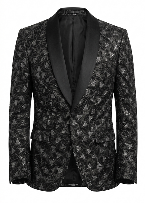 Slim Fit Black Abstract Embroidered Velvet Tuxedo Blazer