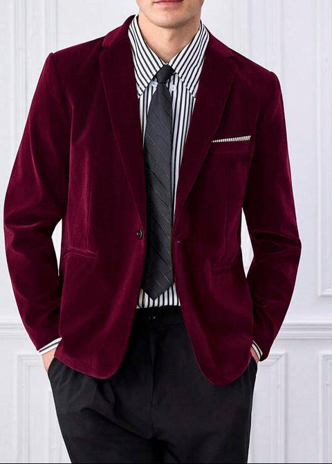 Notch Lapel Maroon Velvet Blazer