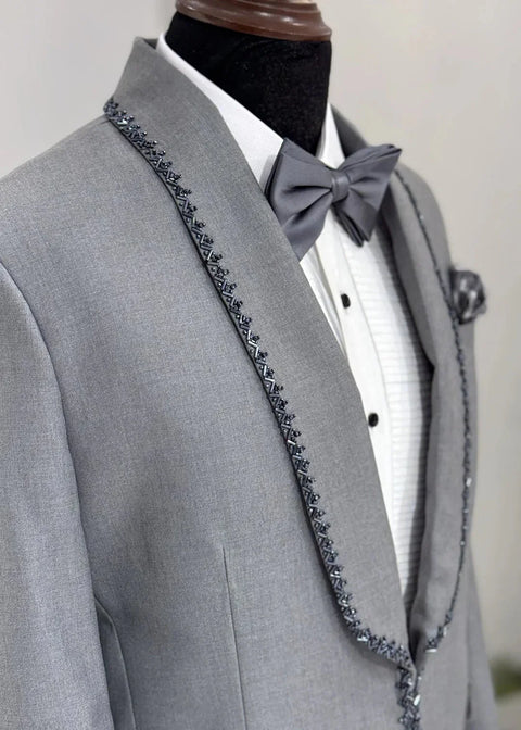 Wedding Grey Embroidered Shawl Lapel Suit