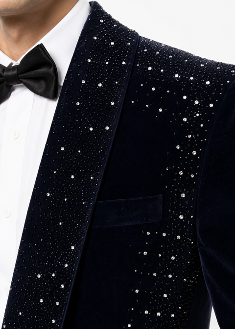 Navy Embellished Rhinestone Velvet Tuxedo Suit