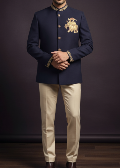 Navy Blue Elephant Embroidered Bandhgala Suit