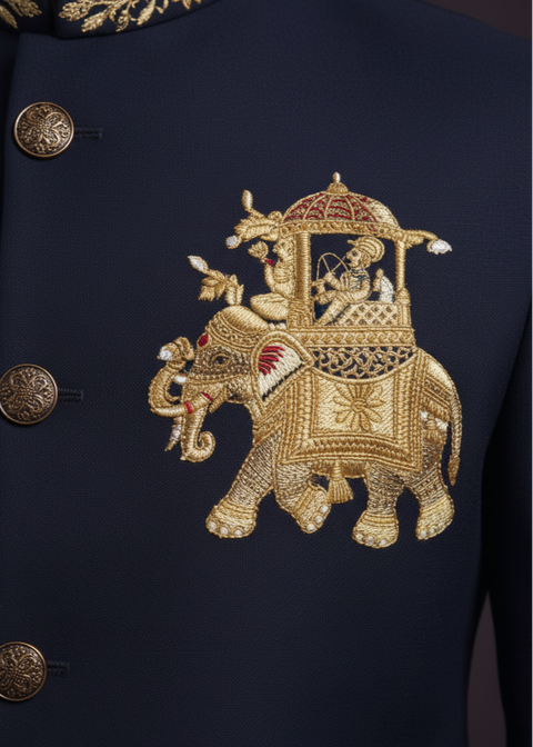 Navy Blue Elephant Embroidered Bandhgala Suit