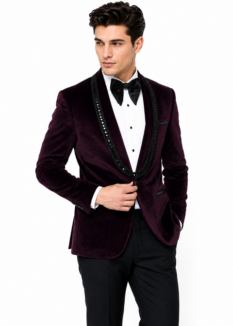 Purple Velvet Embellished Tuxedo Suit