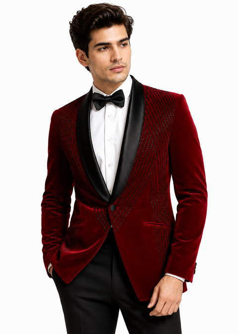 Burgundy Velvet Cutdana Embellished Tuxedo