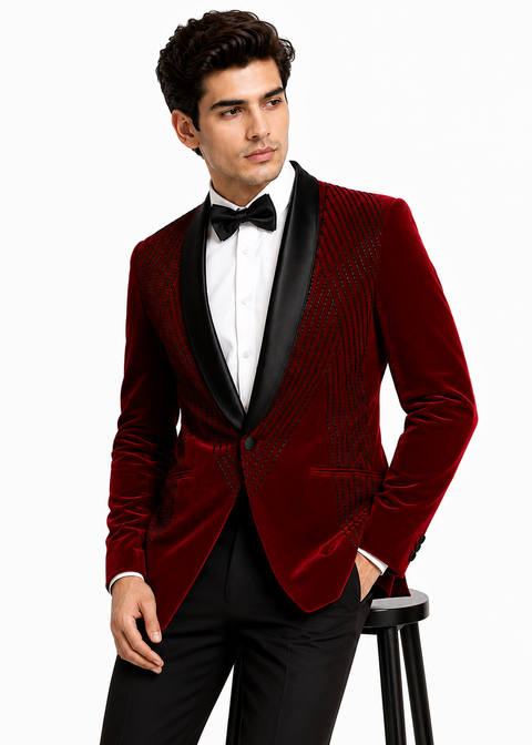 Burgundy Velvet Cutdana Embellished Tuxedo