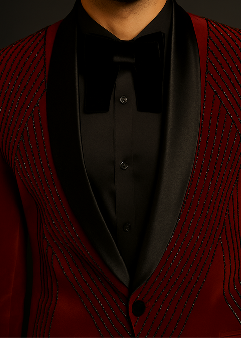 Red Velvet Cutdana Embroidered Tuxedo Blazer Suit