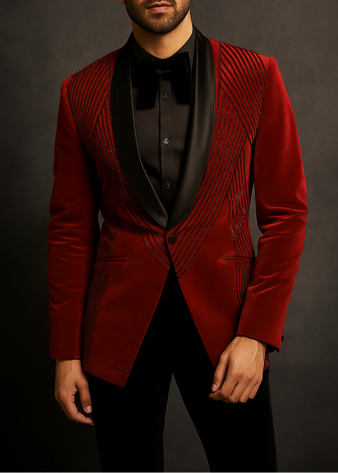 Red Velvet Cutdana Embroidered Tuxedo Blazer Suit