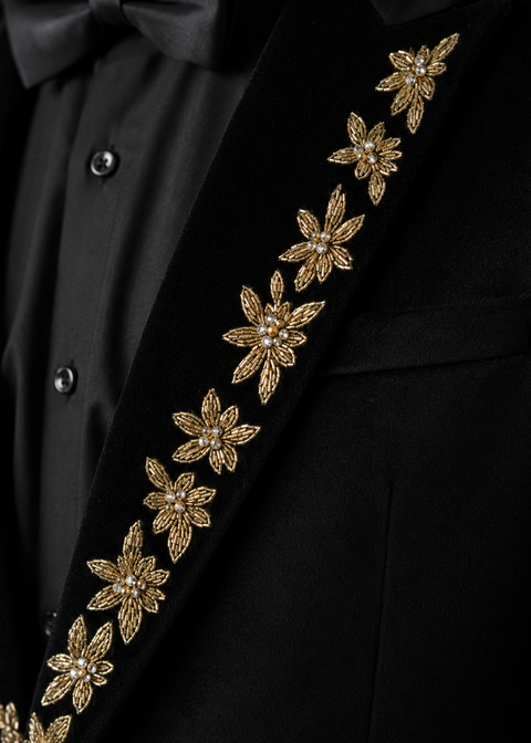 Slim Fit Black Velvet Blazer Suit with Zardozi Floral Embroidery