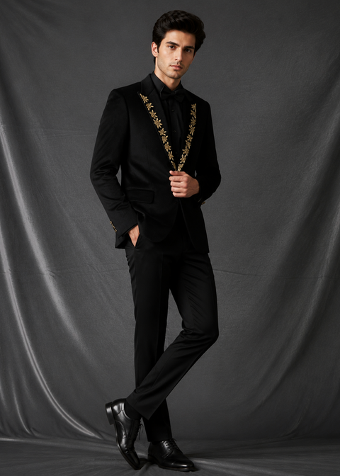 Slim Fit Black Velvet Blazer Suit with Zardozi Floral Embroidery