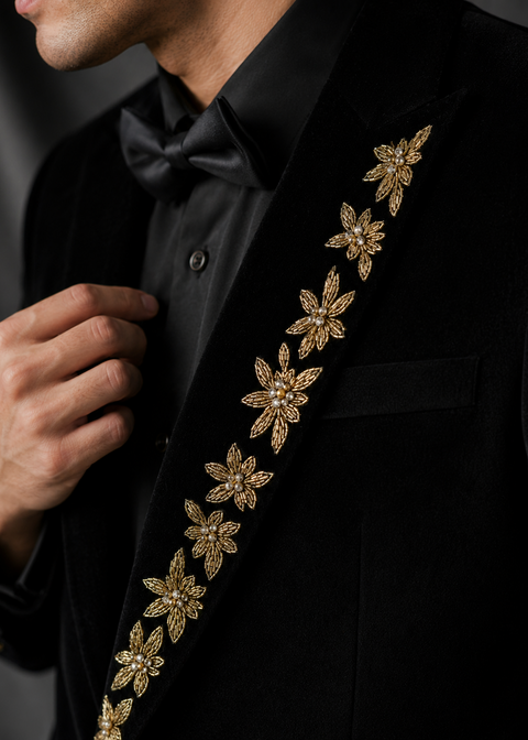Slim Fit Black Velvet Blazer Suit with Zardozi Floral Embroidery