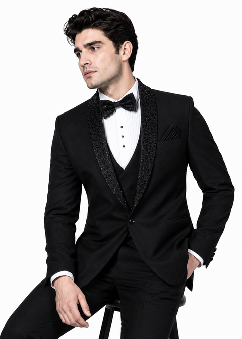 Slim Fit Black Embellished Shawl Lapel Tuxedo
