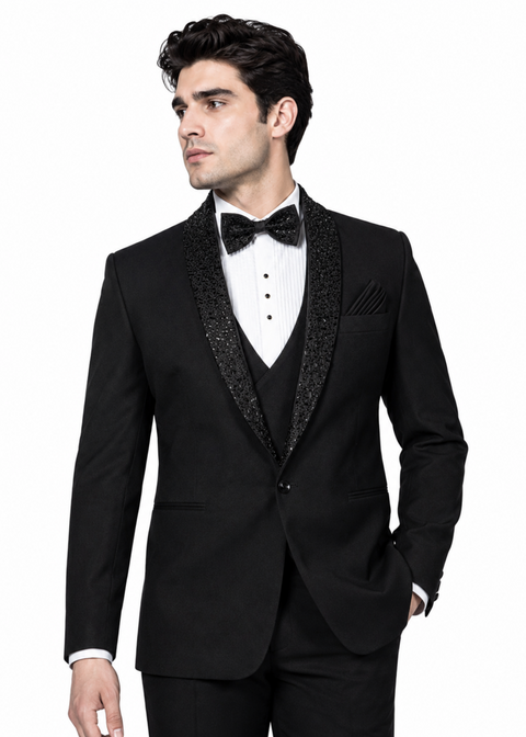 Slim Fit Black Embellished Shawl Lapel Tuxedo