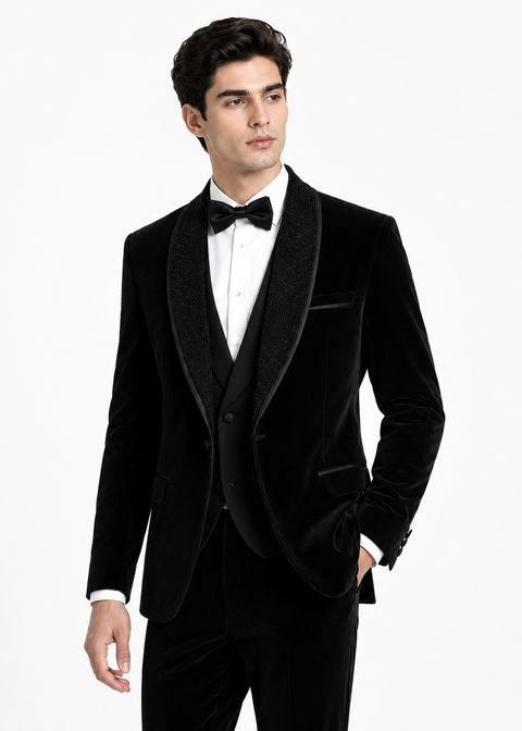 Slim Fit Black Velvet Embellished Detachable Lapel Tuxedo