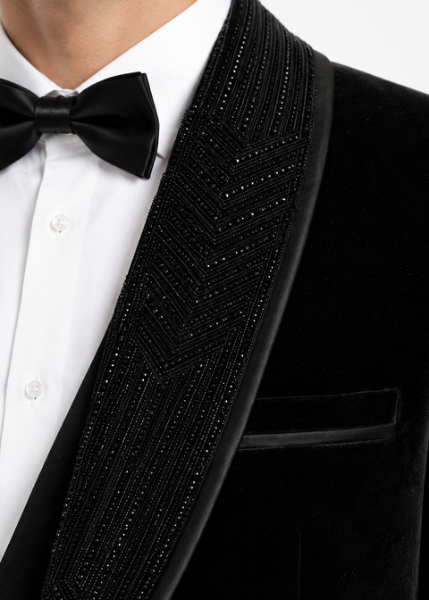 Slim Fit Black Velvet Embellished Detachable Lapel Tuxedo