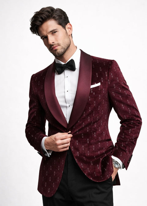 Slim Fit Burgundy Velvet Shawl Lapel Tuxedo Suit