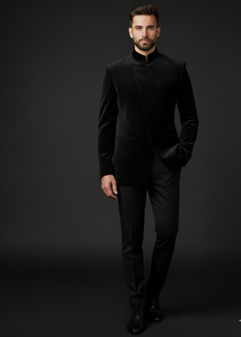 Slim Fit Solid Black Velvet Bandhgala Suit