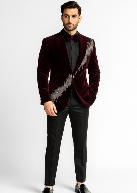 Burgundy Velvet Cutdana Embroidered Suit