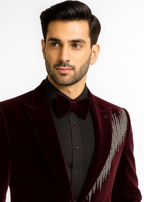 Burgundy Velvet Cutdana Embroidered Suit