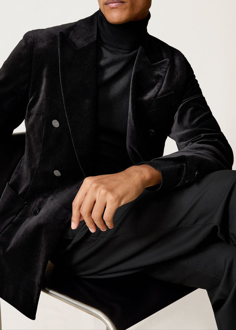 Double Breasted Velvet Blazer Tailored Fit in Black