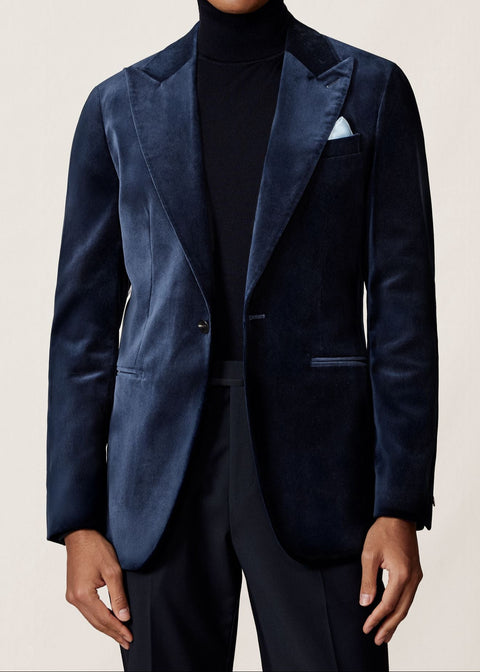 Single Breasted Velvet Blazer Tailored Fit in Navy