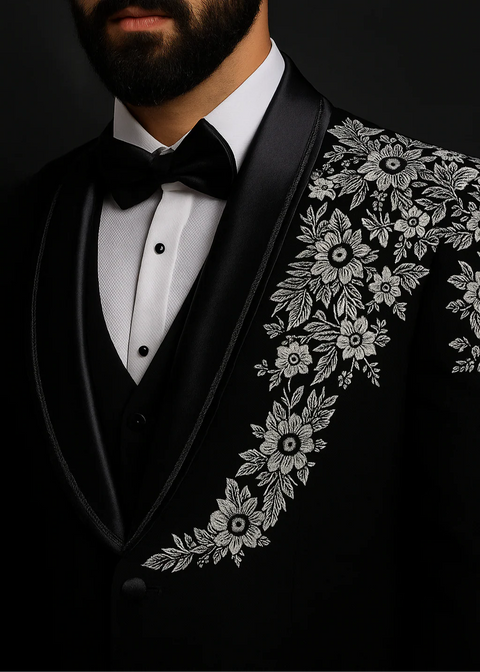 Black Tuxedo With White Floral Embroidery