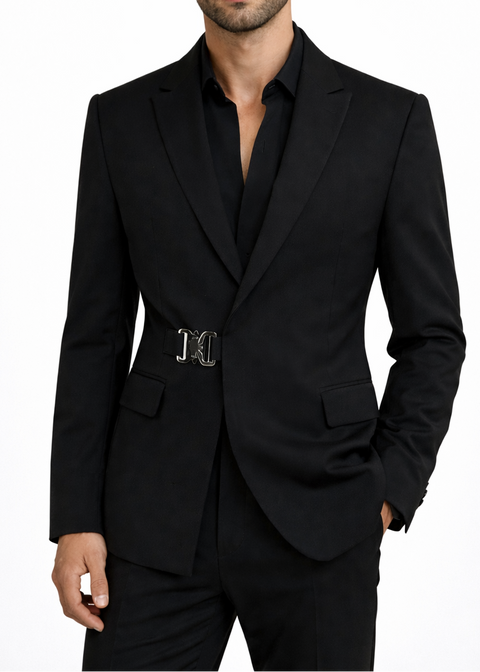 Black Buckle Slim Double Breasted Blazer