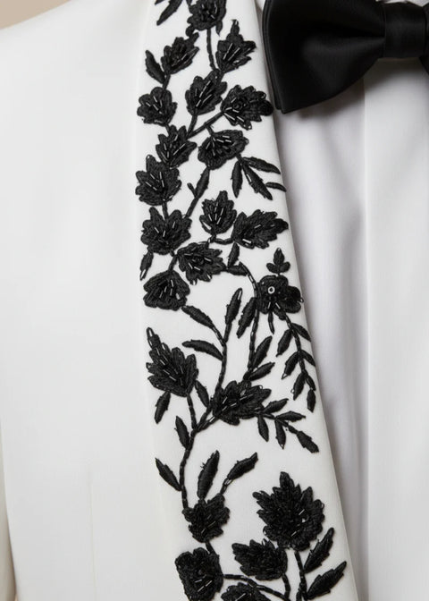 White Shawl Lapel Embroidered Tuxedo in Cutdana