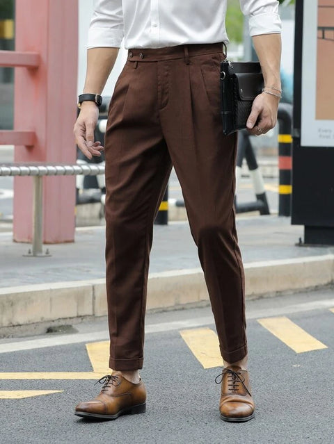 Brown Slant Pocket Pleated Trouser in Slim Fit