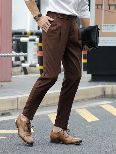 Brown Slant Pocket Pleated Trouser in Slim Fit