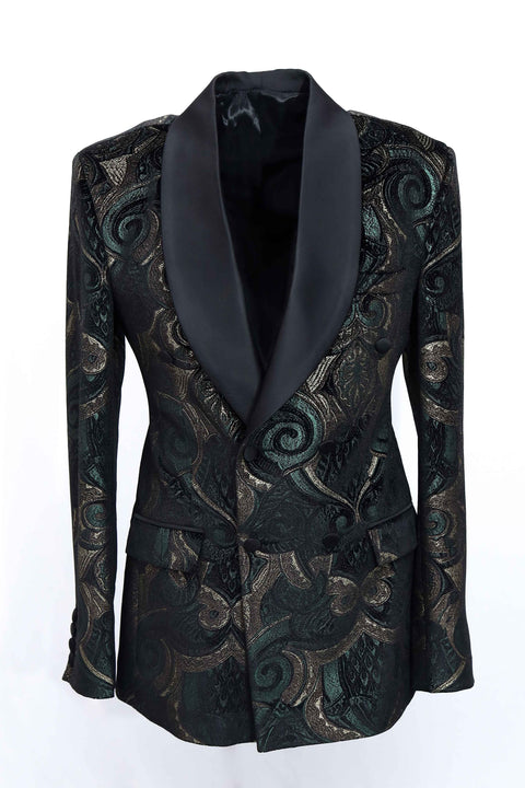 Limited Edition Black & Green Printed Velvet Double Breasted Tuxedo Jacket