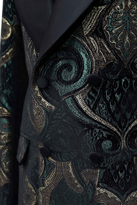 Limited Edition Black & Green Printed Velvet Double Breasted Tuxedo Jacket
