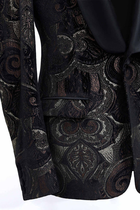 Limited Edition Black & Copper Printed Velvet Shawl Collar Tuxedo Jacket