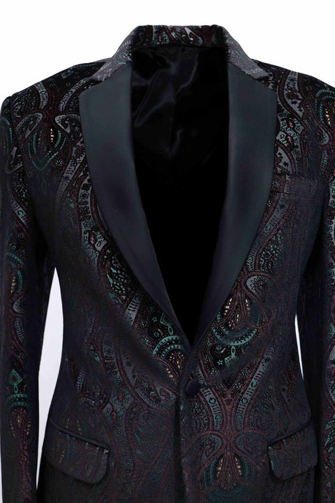 Limited Edition Black & Burgundy Printed Velvet Tuxedo Jacket
