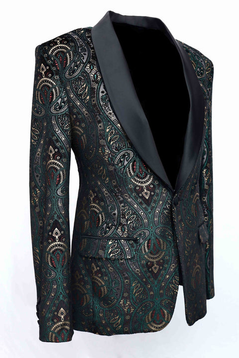 Limited Edition Black & Green Printed Velvet Shawl Collar Tuxedo Blazer