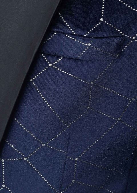 Limited Edition Blue & Silver Double Breasted Velvet Tuxedo Blazer Tumuh