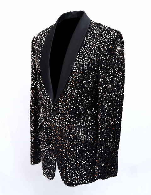 Shawl Collar Party Wear Black & Gold Sequin Tuxedo Blazer in Velvet