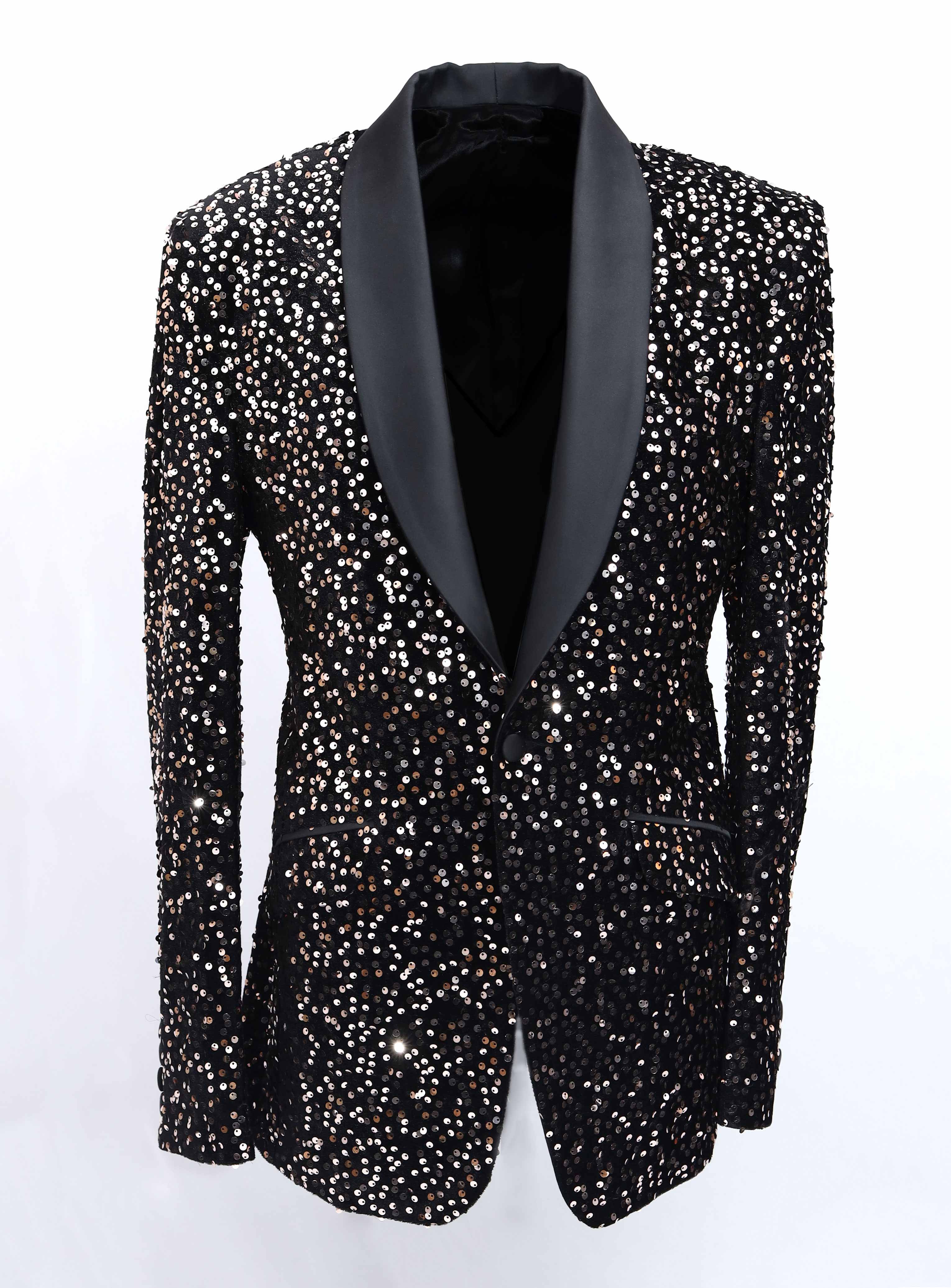 Shawl Collar Party Wear Black Gold Sequin Tuxedo Blazer in