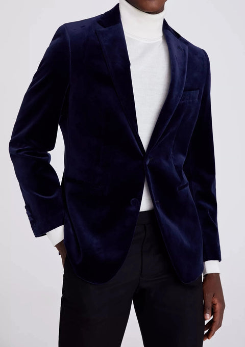 Tailored Fit Navy Blue Velvet Jacket