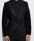 Sequin Tuxedo Blazer With Satin Lapel in Black