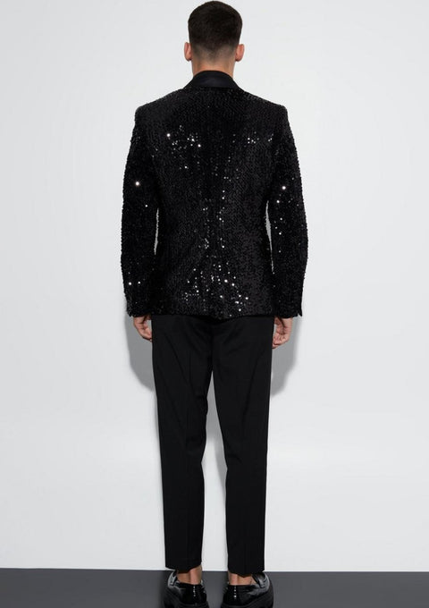 Sequin Tuxedo Blazer With Satin Lapel in Black